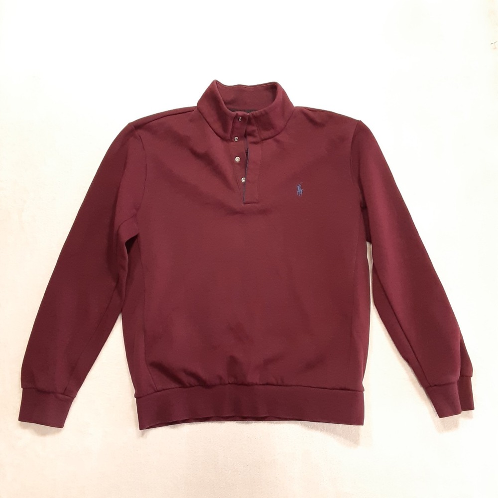 Ralph Lauren Mens Double Knit Performance Snap Sweater M Burgundy Blue Pony